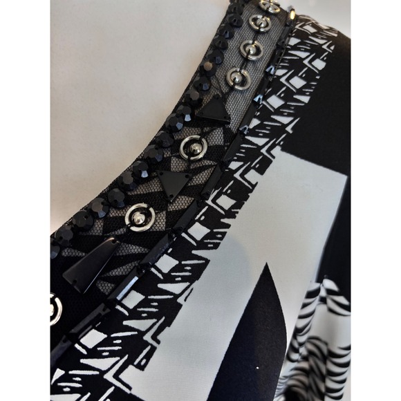 PerSeption Concept Black White Geometric Beaded Officewear VNeck Sheath Dress S - Picture 5 of 10